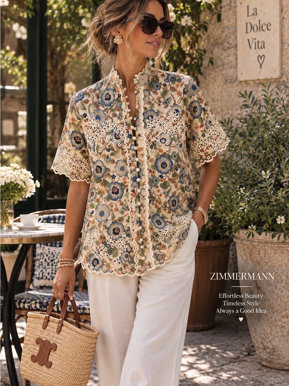 Zimmermann Blue and Beige Floral Lace-Trim Button Blouse